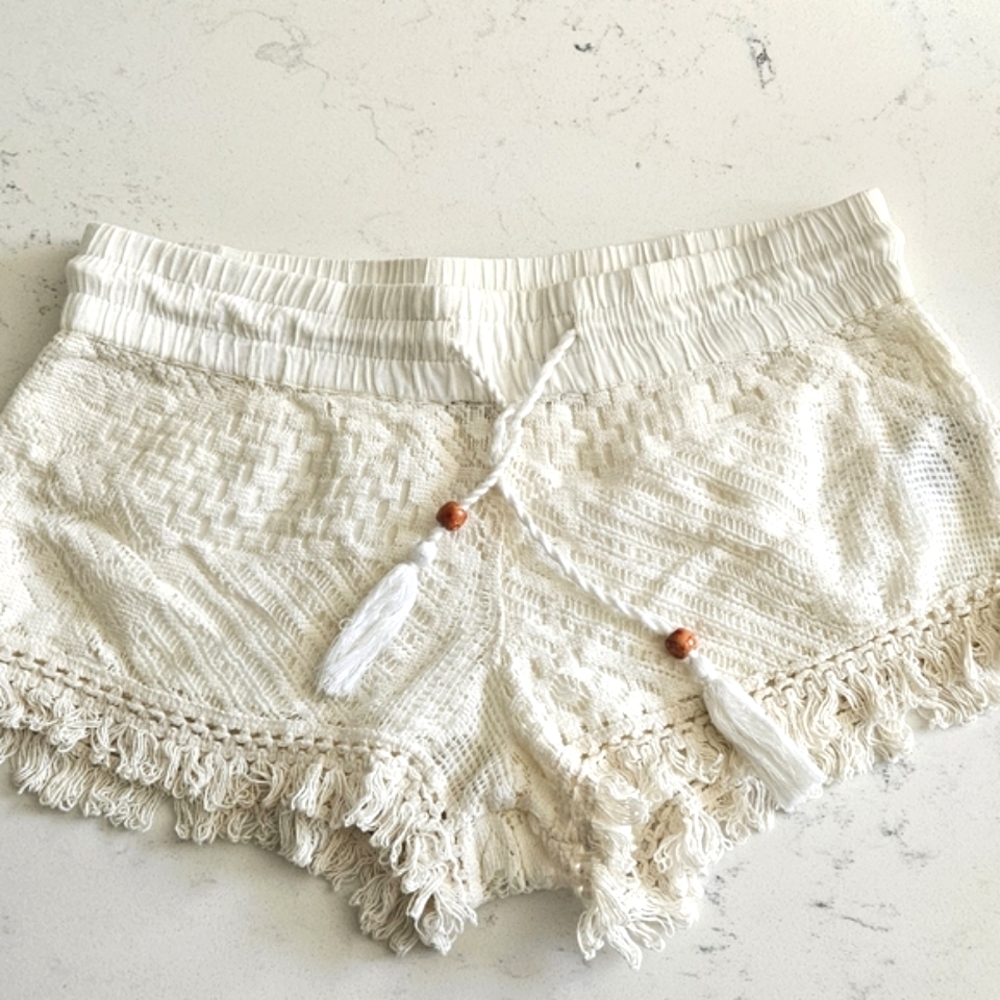 Cream Crochet Fringe Shorts